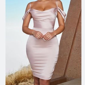 MODERN ROMANCE
Satin Cowl Neck Knee Length Dress in Blush